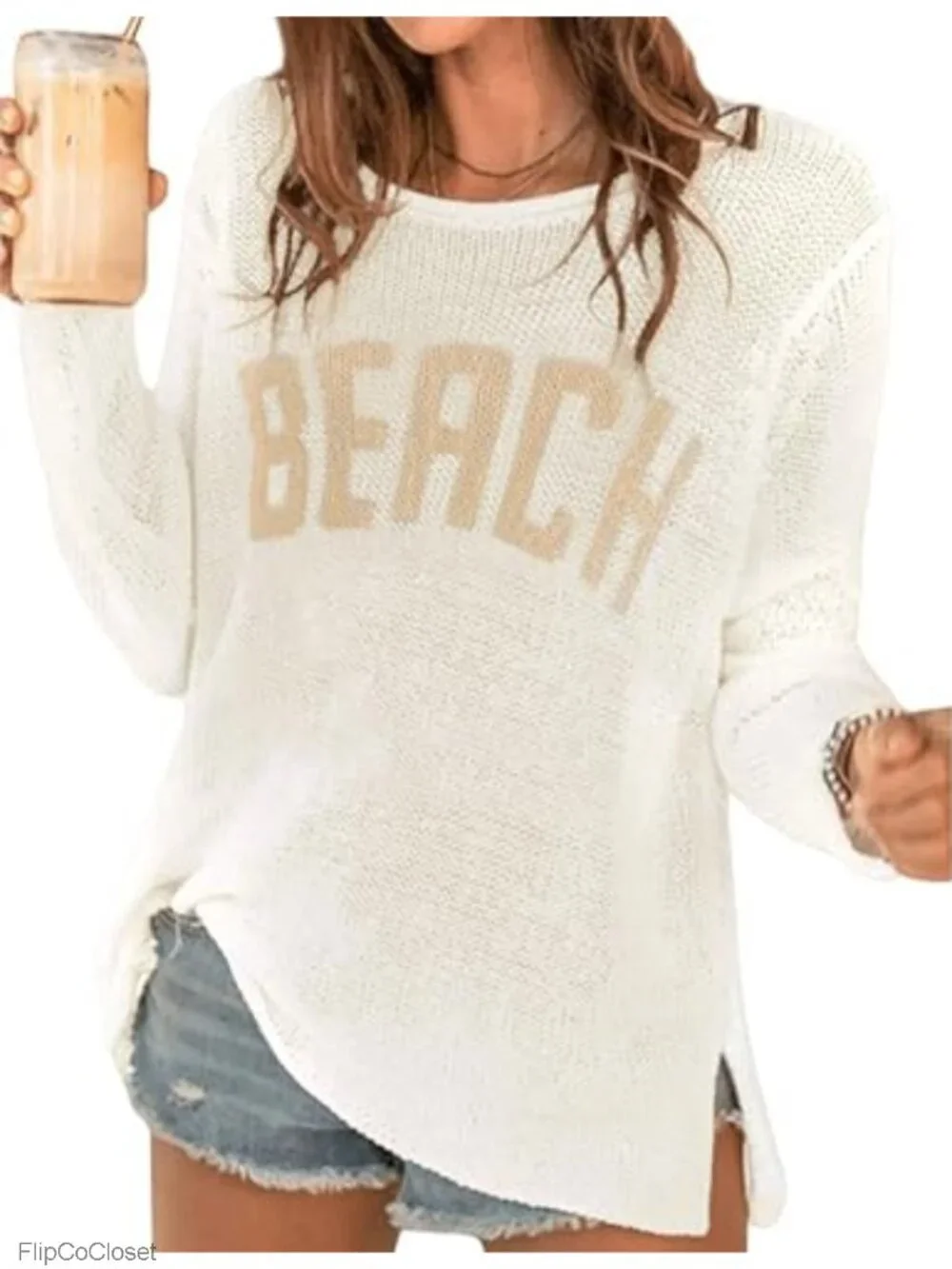 Crochet Beach Cover Up - Long Sleeve Letter Print Swimwear Sweater
